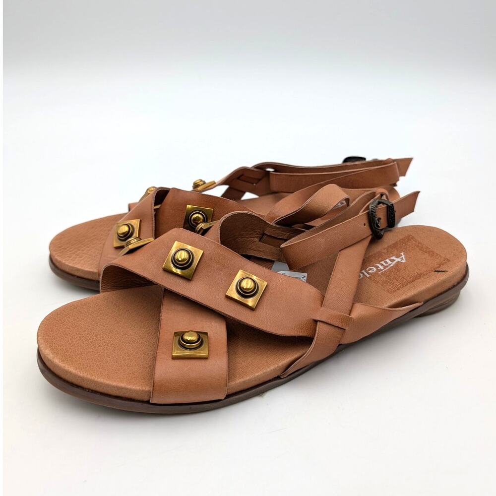Antelope Reza Stud Block Heel Sandals Women's Tan Leather Size US9 EU39